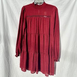 NWT Red Tiered Flowy Mini Dress with Subtle Checkered Pattern